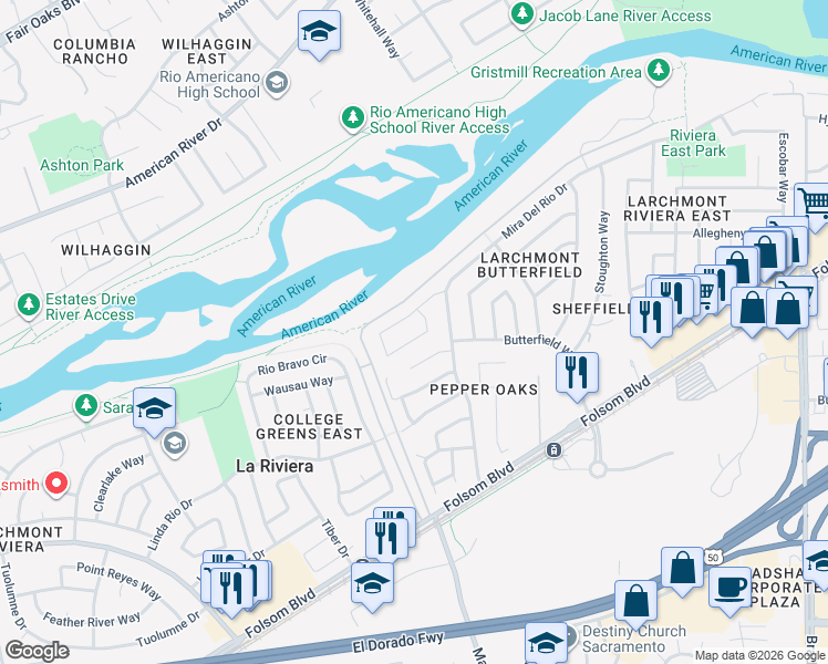 map of restaurants, bars, coffee shops, grocery stores, and more near 9266 Defiance Cir in Sacramento