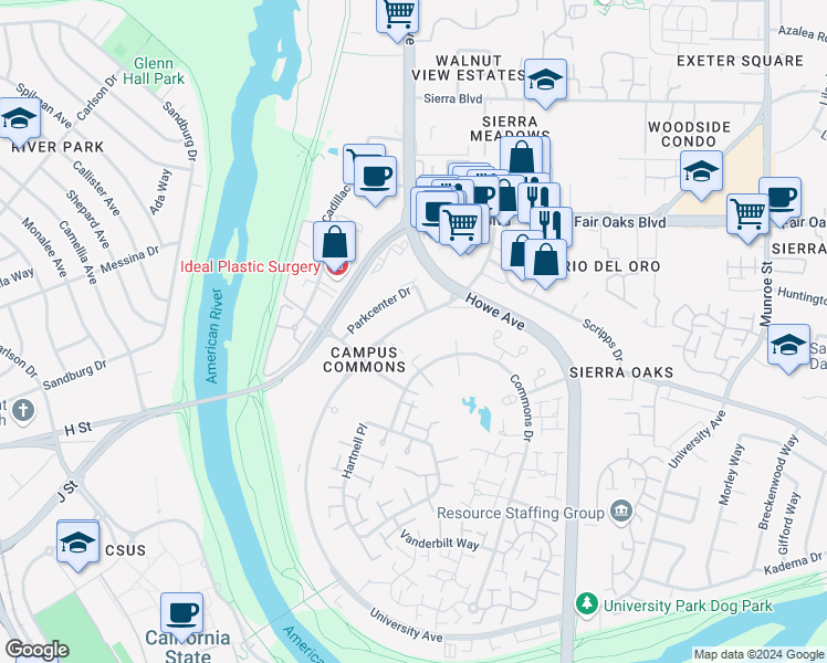 map of restaurants, bars, coffee shops, grocery stores, and more near 300 University Avenue in Sacramento