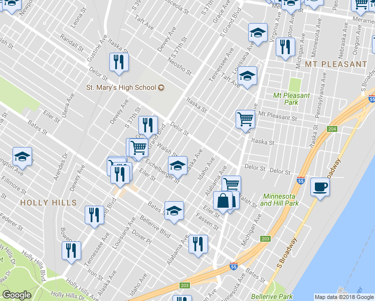 map of restaurants, bars, coffee shops, grocery stores, and more near 5032 Louisiana Ave in St Louis