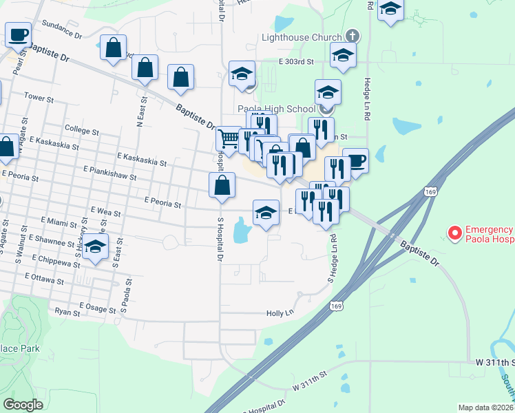 map of restaurants, bars, coffee shops, grocery stores, and more near 1120 East Peoria Street in Paola