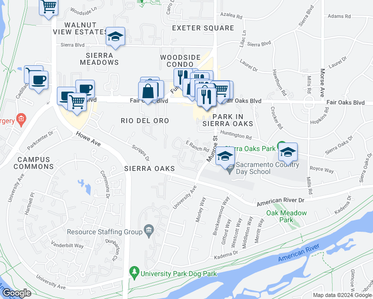 map of restaurants, bars, coffee shops, grocery stores, and more near 304 East Ranch Road in Sacramento
