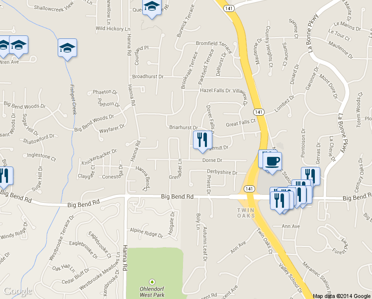 map of restaurants, bars, coffee shops, grocery stores, and more near 1015 Parkfield Terrace in Ballwin