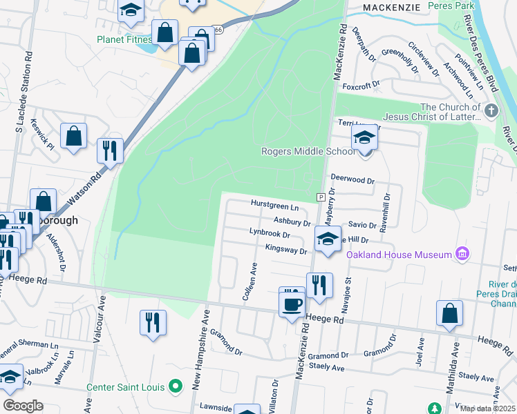 map of restaurants, bars, coffee shops, grocery stores, and more near 6600 Hurstgreen Lane in Saint Louis