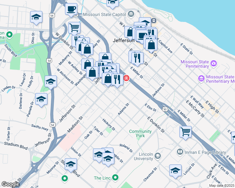map of restaurants, bars, coffee shops, grocery stores, and more near 226 East Dunklin Street in Jefferson City