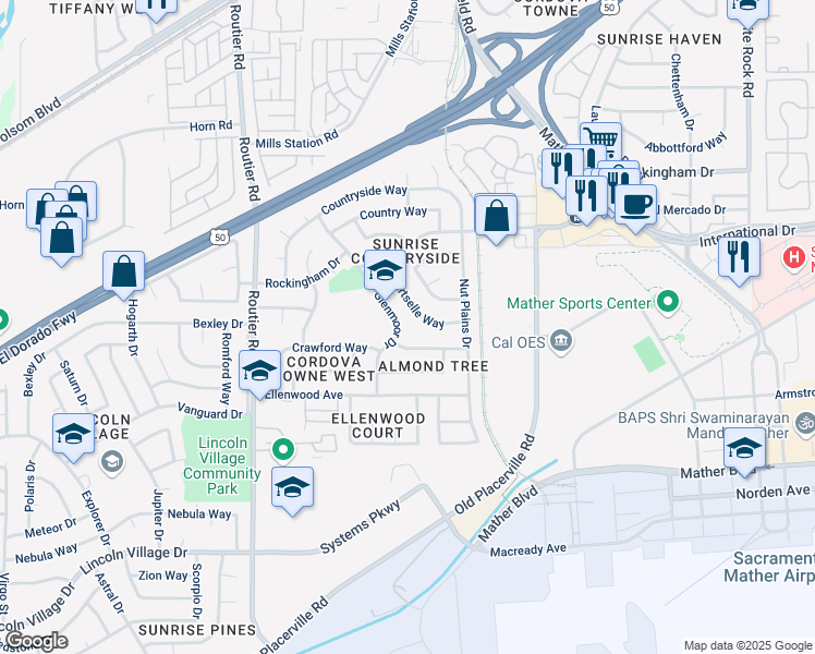 map of restaurants, bars, coffee shops, grocery stores, and more near 3324 Glenmoor Drive in Sacramento