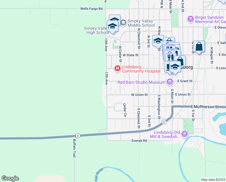 map of restaurants, bars, coffee shops, grocery stores, and more near 209 South Cherry Street in Lindsborg