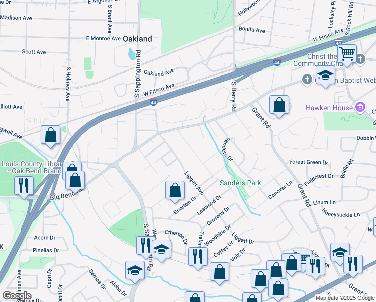 map of restaurants, bars, coffee shops, grocery stores, and more near 843 Diversey Drive in St. Louis