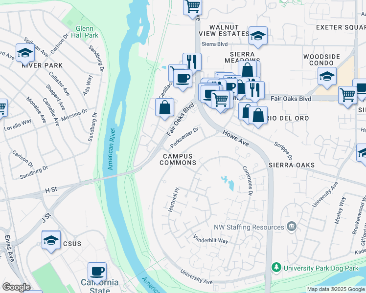 map of restaurants, bars, coffee shops, grocery stores, and more near 333 University Avenue in Sacramento