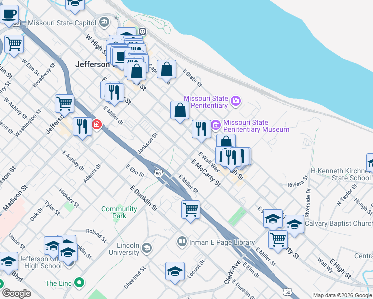 map of restaurants, bars, coffee shops, grocery stores, and more near 619 E McCarty St in Jefferson City