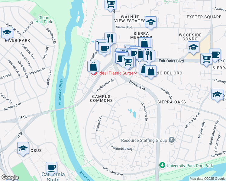 map of restaurants, bars, coffee shops, grocery stores, and more near 300 University Avenue in Sacramento