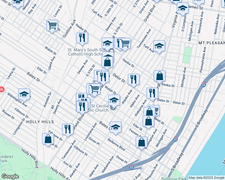 map of restaurants, bars, coffee shops, grocery stores, and more near 5054 Tennessee Avenue in St. Louis