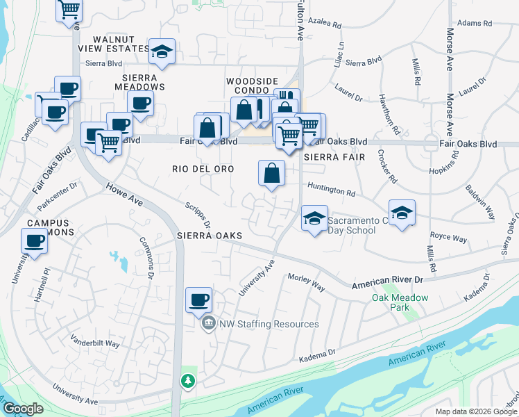map of restaurants, bars, coffee shops, grocery stores, and more near 304 East Ranch Road in Sacramento