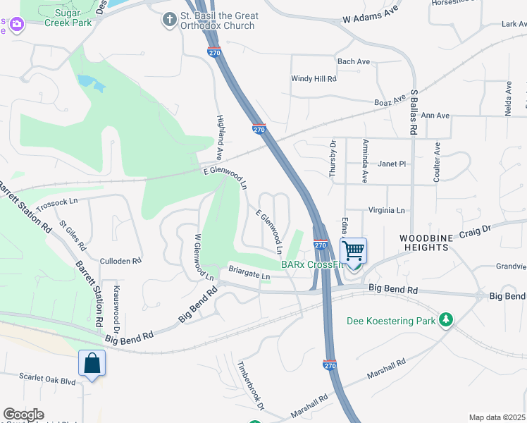 map of restaurants, bars, coffee shops, grocery stores, and more near 131 Thorncliff Lane in Kirkwood