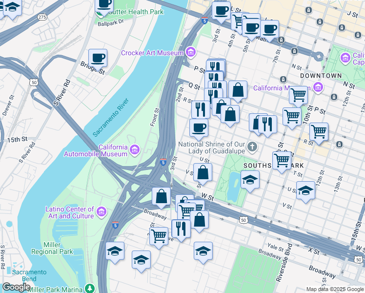 map of restaurants, bars, coffee shops, grocery stores, and more near 2021 3rd Street in Sacramento