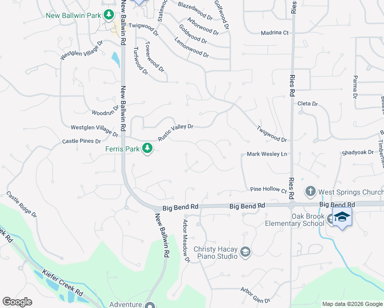 map of restaurants, bars, coffee shops, grocery stores, and more near 659 Clear Creek Court in Ballwin