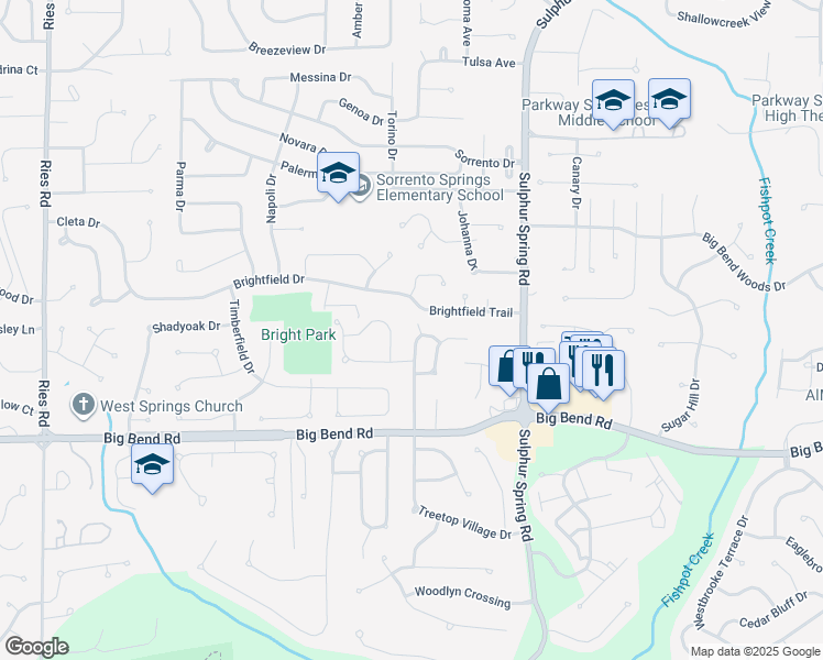 map of restaurants, bars, coffee shops, grocery stores, and more near 412 Treetop Village Court in Ballwin