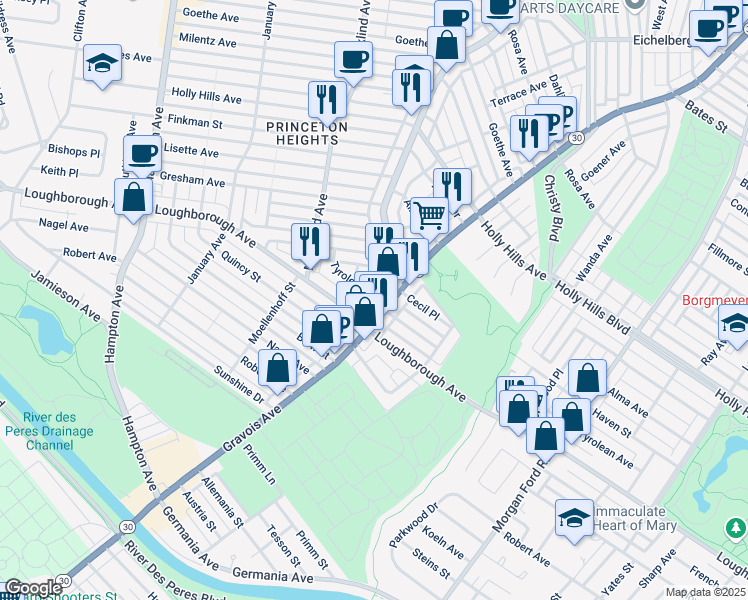 map of restaurants, bars, coffee shops, grocery stores, and more near 3 Tyrolean Avenue in St. Louis