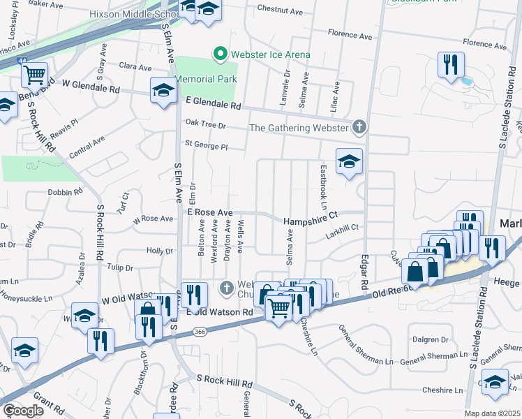 map of restaurants, bars, coffee shops, grocery stores, and more near 1226 Pinetree Lane in Webster Groves