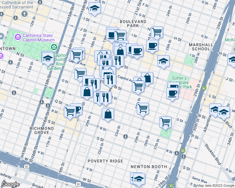 map of restaurants, bars, coffee shops, grocery stores, and more near 2204 N Street in Sacramento