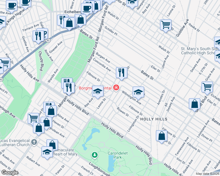 map of restaurants, bars, coffee shops, grocery stores, and more near 4061 Fillmore Street in St. Louis