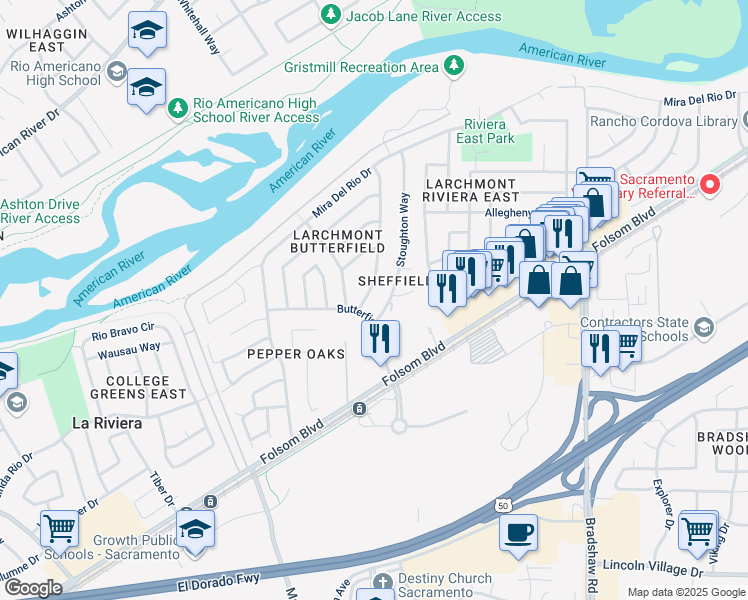 map of restaurants, bars, coffee shops, grocery stores, and more near 9512 Linda Rio Drive in Sacramento
