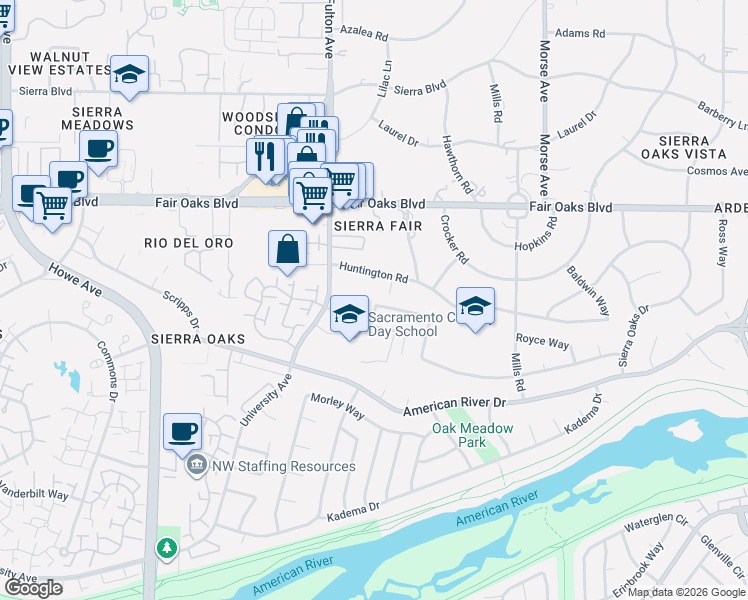 map of restaurants, bars, coffee shops, grocery stores, and more near 15 Saratoga Circle in Sacramento