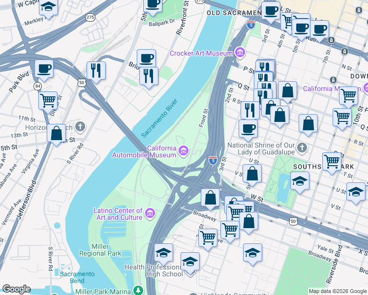 map of restaurants, bars, coffee shops, grocery stores, and more near 19 V Street in Sacramento