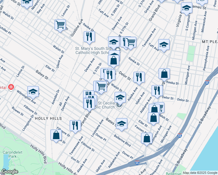 map of restaurants, bars, coffee shops, grocery stores, and more near in St. Louis
