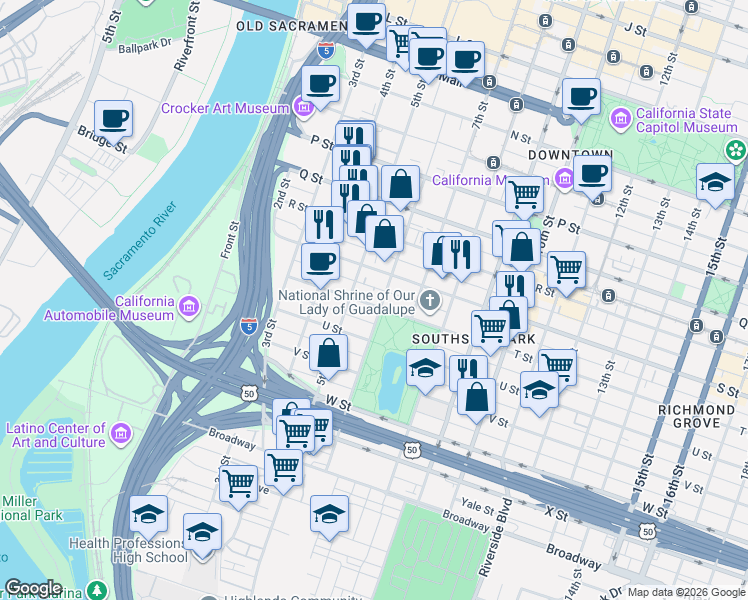 map of restaurants, bars, coffee shops, grocery stores, and more near 527 T Street in Sacramento