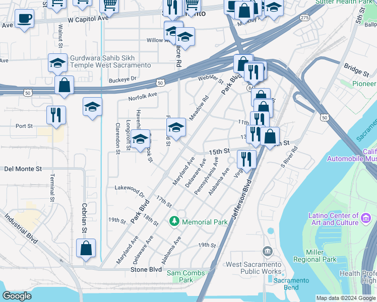 map of restaurants, bars, coffee shops, grocery stores, and more near 1501 Park Boulevard in West Sacramento