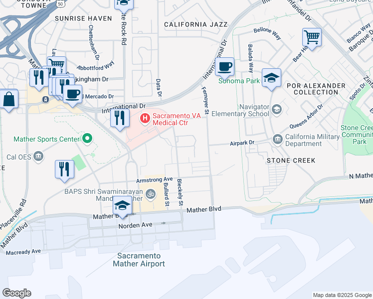 map of restaurants, bars, coffee shops, grocery stores, and more near 3607 Bleckely Street in Rancho Cordova