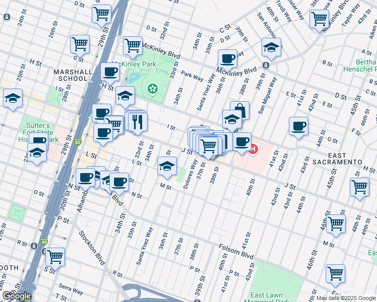 map of restaurants, bars, coffee shops, grocery stores, and more near 3571 J Street in Sacramento