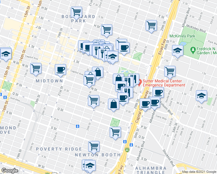 map of restaurants, bars, coffee shops, grocery stores, and more near 2507 Matsui Alley in Sacramento