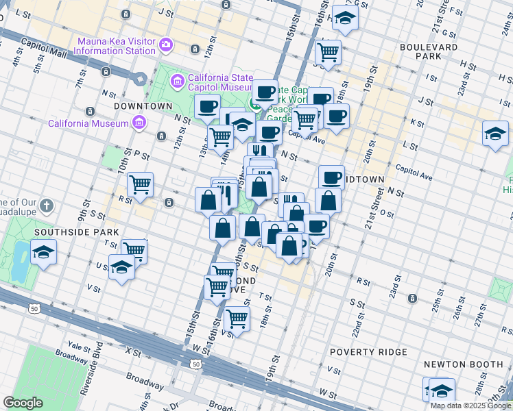 map of restaurants, bars, coffee shops, grocery stores, and more near 1609 16th Street in Sacramento