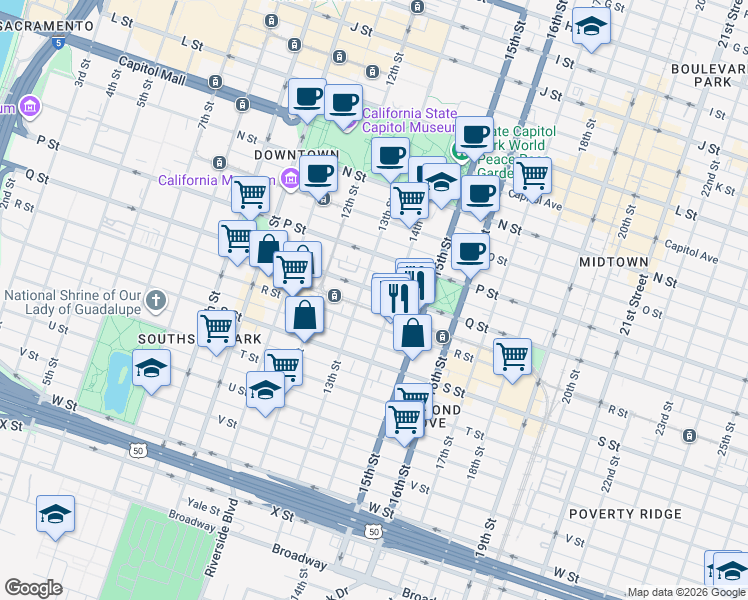 map of restaurants, bars, coffee shops, grocery stores, and more near 1711 13th Street in Sacramento