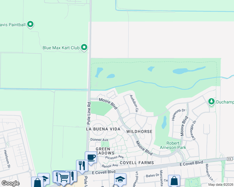 map of restaurants, bars, coffee shops, grocery stores, and more near 2933 Audubon Circle in Davis