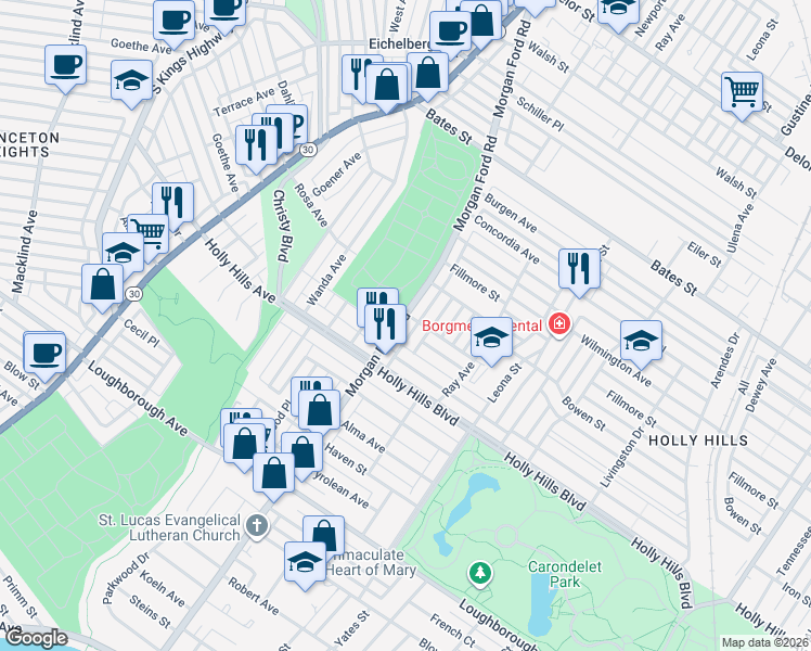 map of restaurants, bars, coffee shops, grocery stores, and more near 6203 Morgan Ford Road in St. Louis