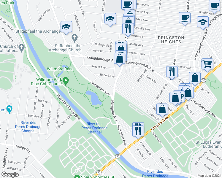 map of restaurants, bars, coffee shops, grocery stores, and more near 5821 Sunshine Drive in St. Louis