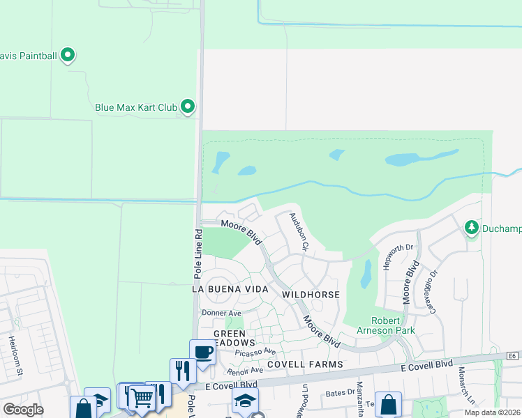 map of restaurants, bars, coffee shops, grocery stores, and more near 2933 Audubon Circle in Davis