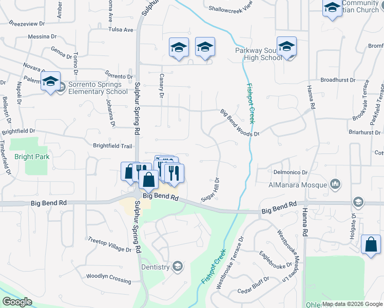 map of restaurants, bars, coffee shops, grocery stores, and more near 635 Applecross Court in Ballwin