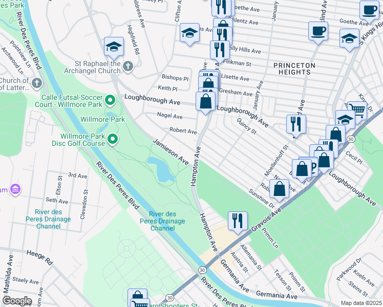 map of restaurants, bars, coffee shops, grocery stores, and more near 5806 Sunshine Drive in St. Louis