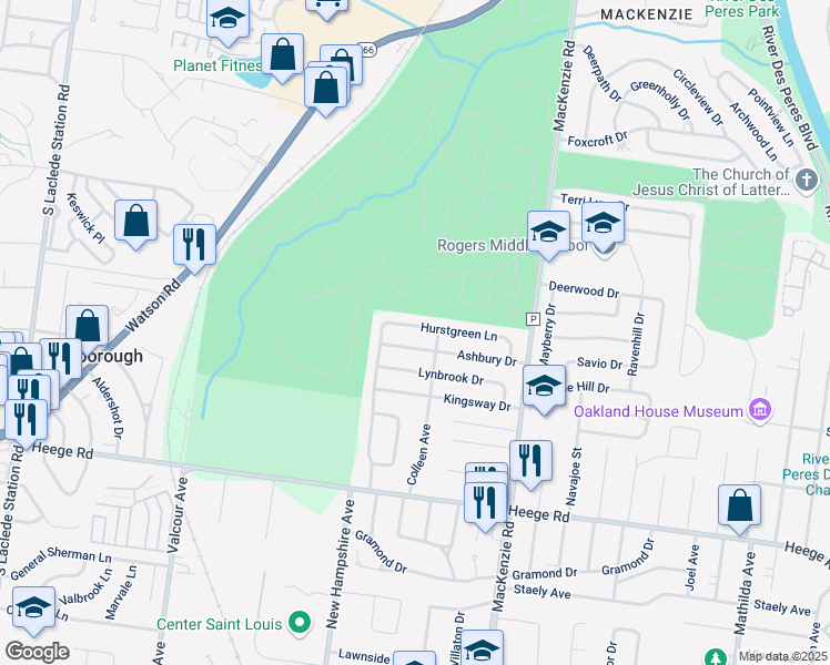 map of restaurants, bars, coffee shops, grocery stores, and more near 6600 Hurstgreen Lane in St. Louis