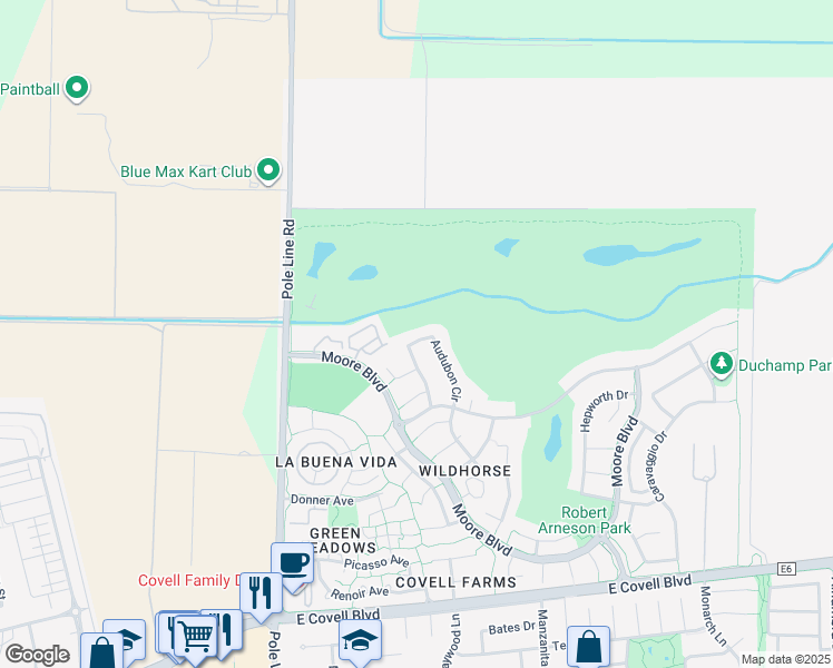 map of restaurants, bars, coffee shops, grocery stores, and more near 2951 Audubon Circle in Davis