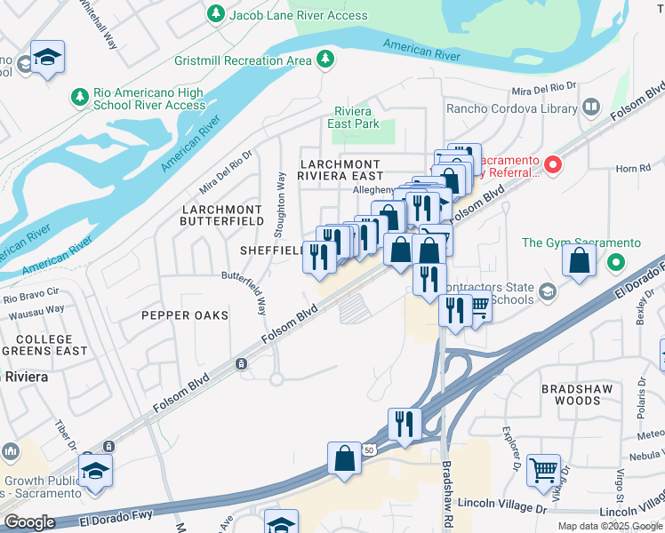 map of restaurants, bars, coffee shops, grocery stores, and more near 9531e Folsom Boulevard in Sacramento