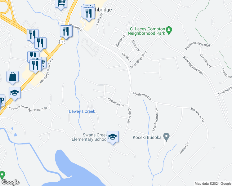 map of restaurants, bars, coffee shops, grocery stores, and more near 3116 Tulip Tree Place in Dumfries