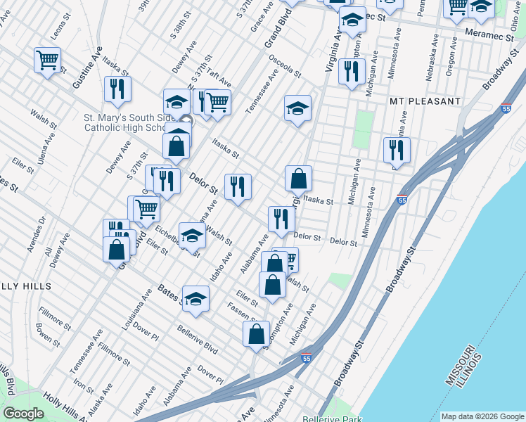 map of restaurants, bars, coffee shops, grocery stores, and more near 4750 Idaho Avenue in St. Louis