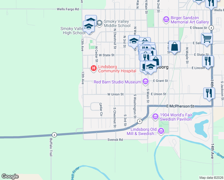 map of restaurants, bars, coffee shops, grocery stores, and more near 228 S Chestnut St in Lindsborg