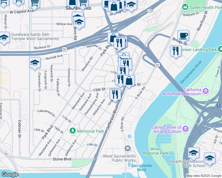 map of restaurants, bars, coffee shops, grocery stores, and more near 113 15th Street in West Sacramento
