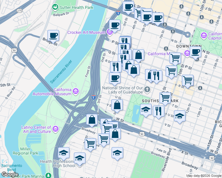 map of restaurants, bars, coffee shops, grocery stores, and more near 2011 4th Street in Sacramento