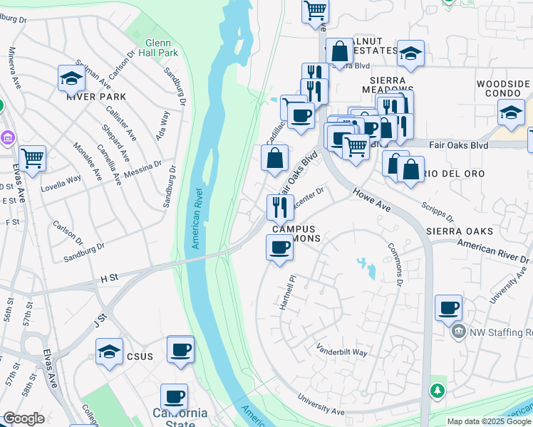 map of restaurants, bars, coffee shops, grocery stores, and more near Fair Oaks Boulevard & Cadillac Drive in Sacramento